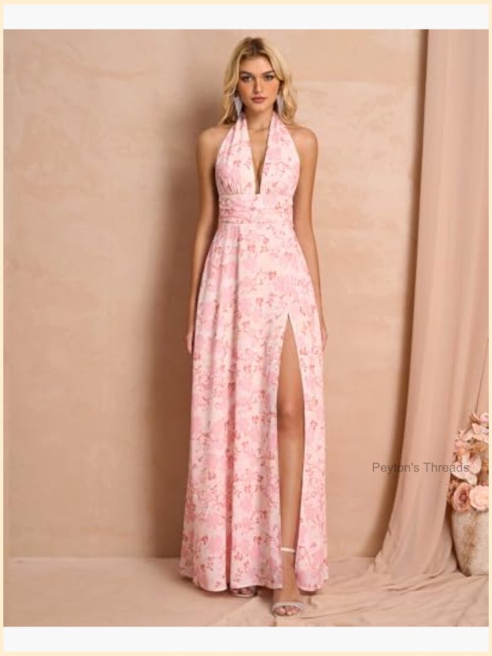 Elegant Halter V Neck Maxi Dress with Side Slit - Formal Evening Gown - Picture 2 of 7